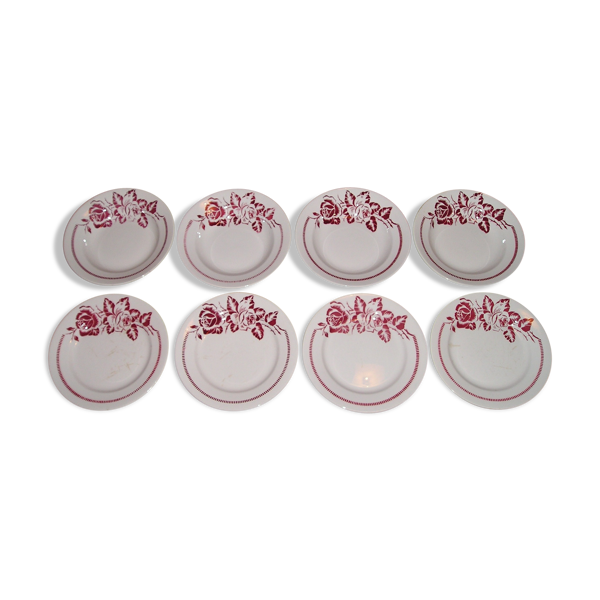 Lot de 8 assiettes plates et creuses en faïence à décor floral années 60/70 Digoin Sarreguemines