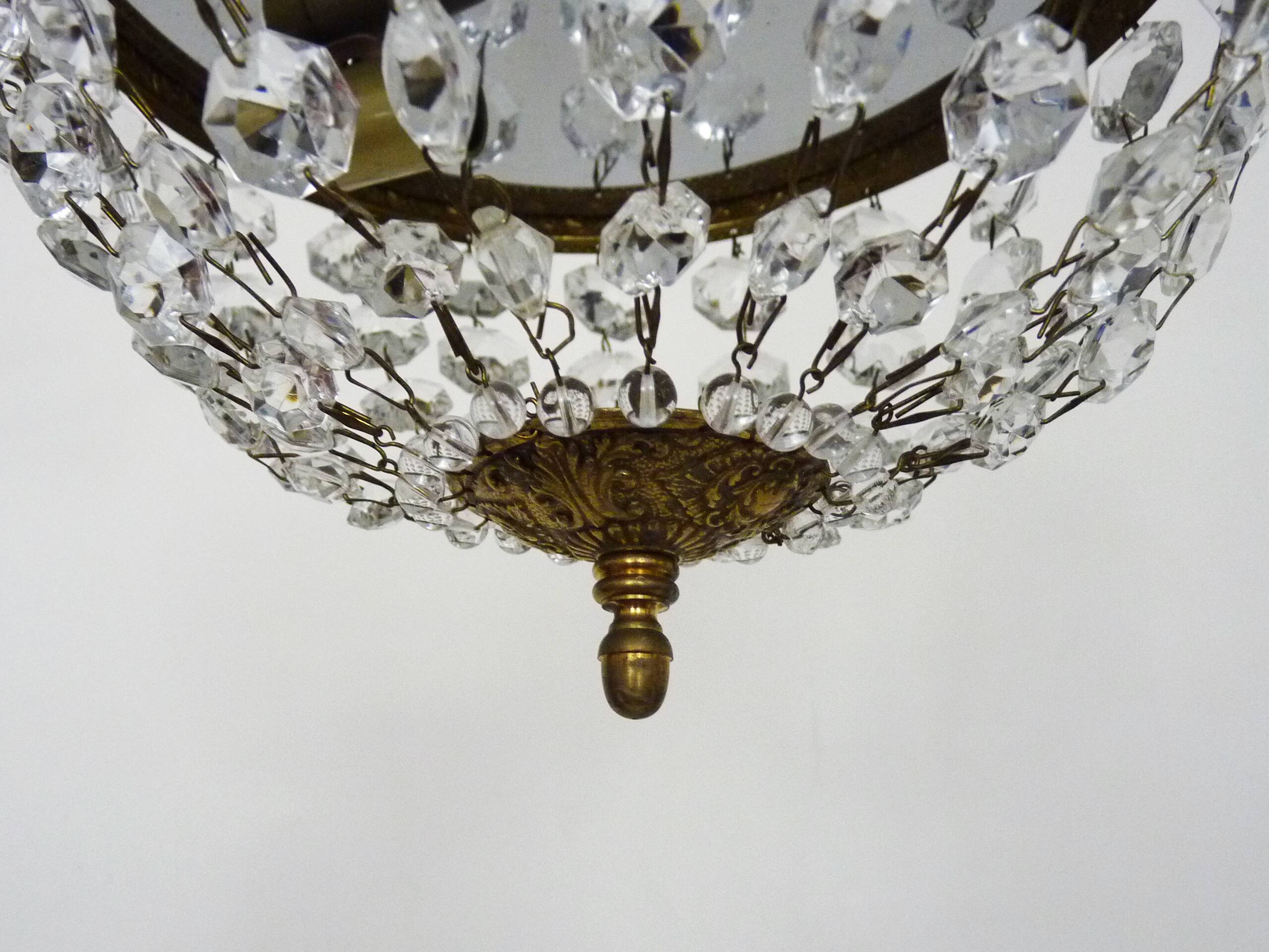 Old crown ceiling light with 2 bulbs, half basket with glass pendants.