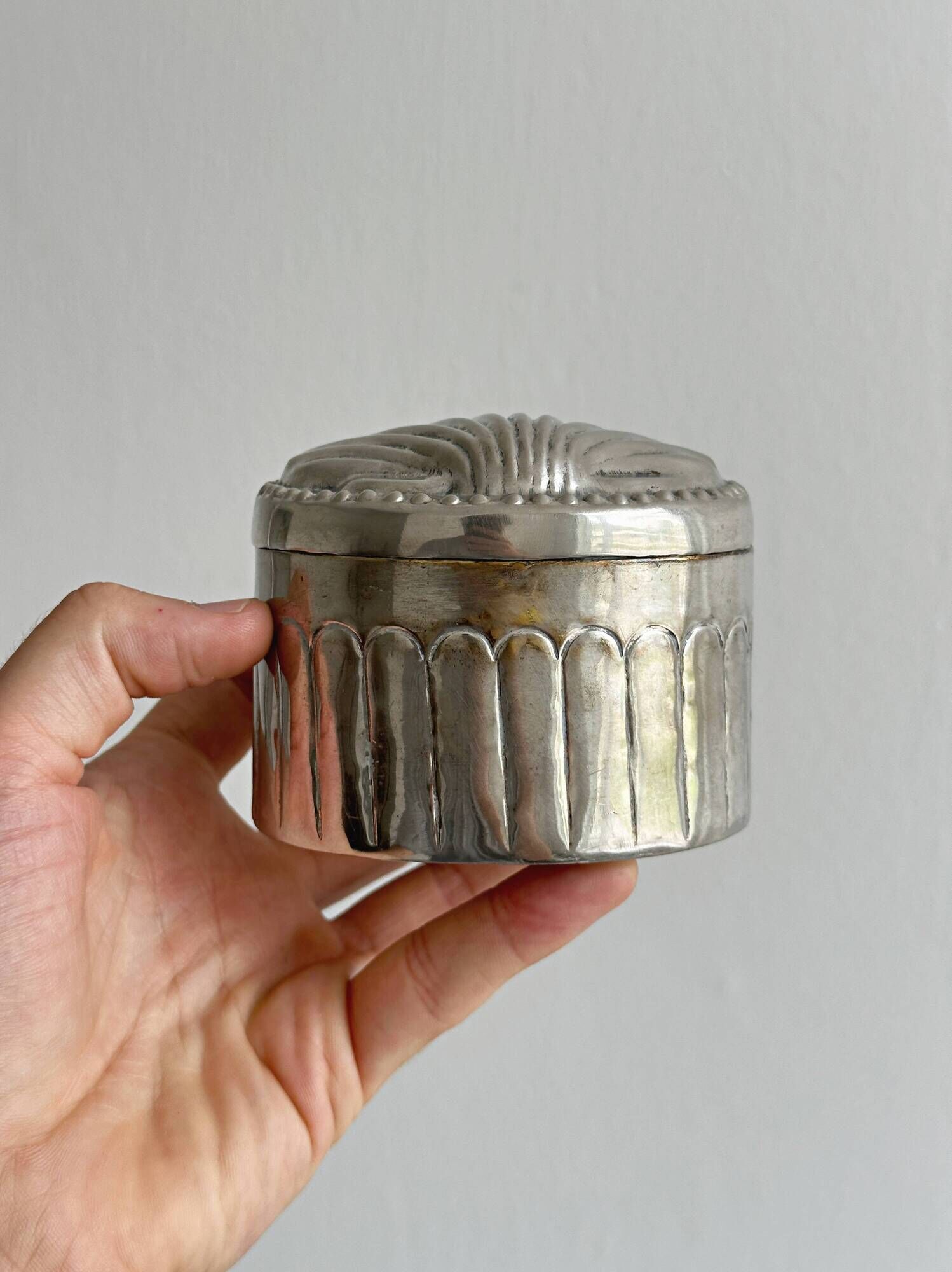 Silver-plated metal catchall with patina