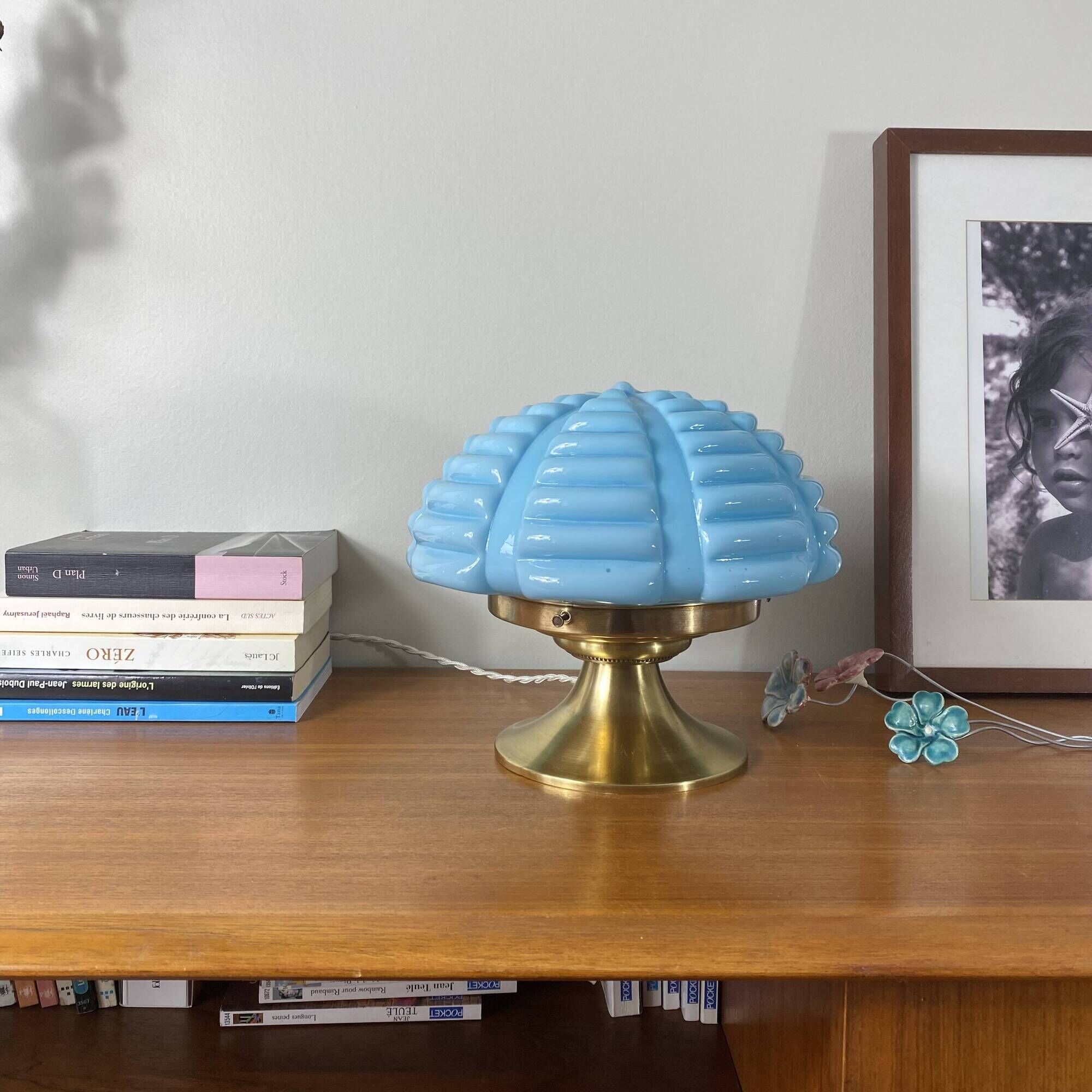 Vintage Art Deco modernist lamp with blue opaline glass and brass.