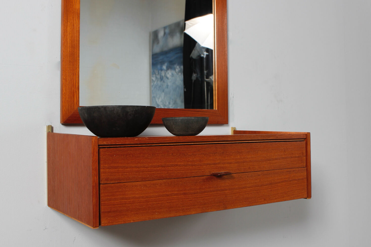 Vintage Teakholz Wandkonsole mit Spiegel Flur Kommode WKS design