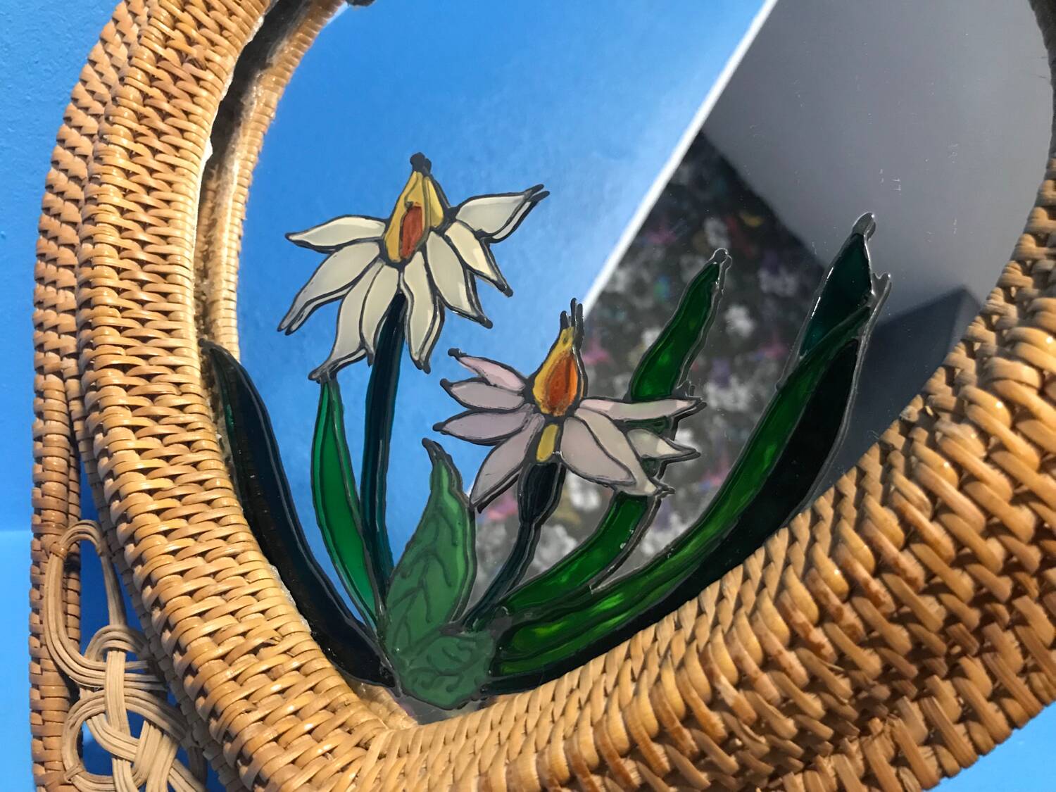 Old vintage wicker rattan mirror