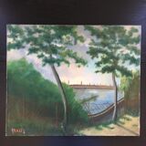 Old painting trees and lake