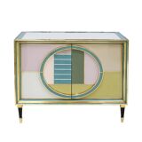 Mid-Century Modern Style Italian Cabinet Wood, Brass and Colored Glass