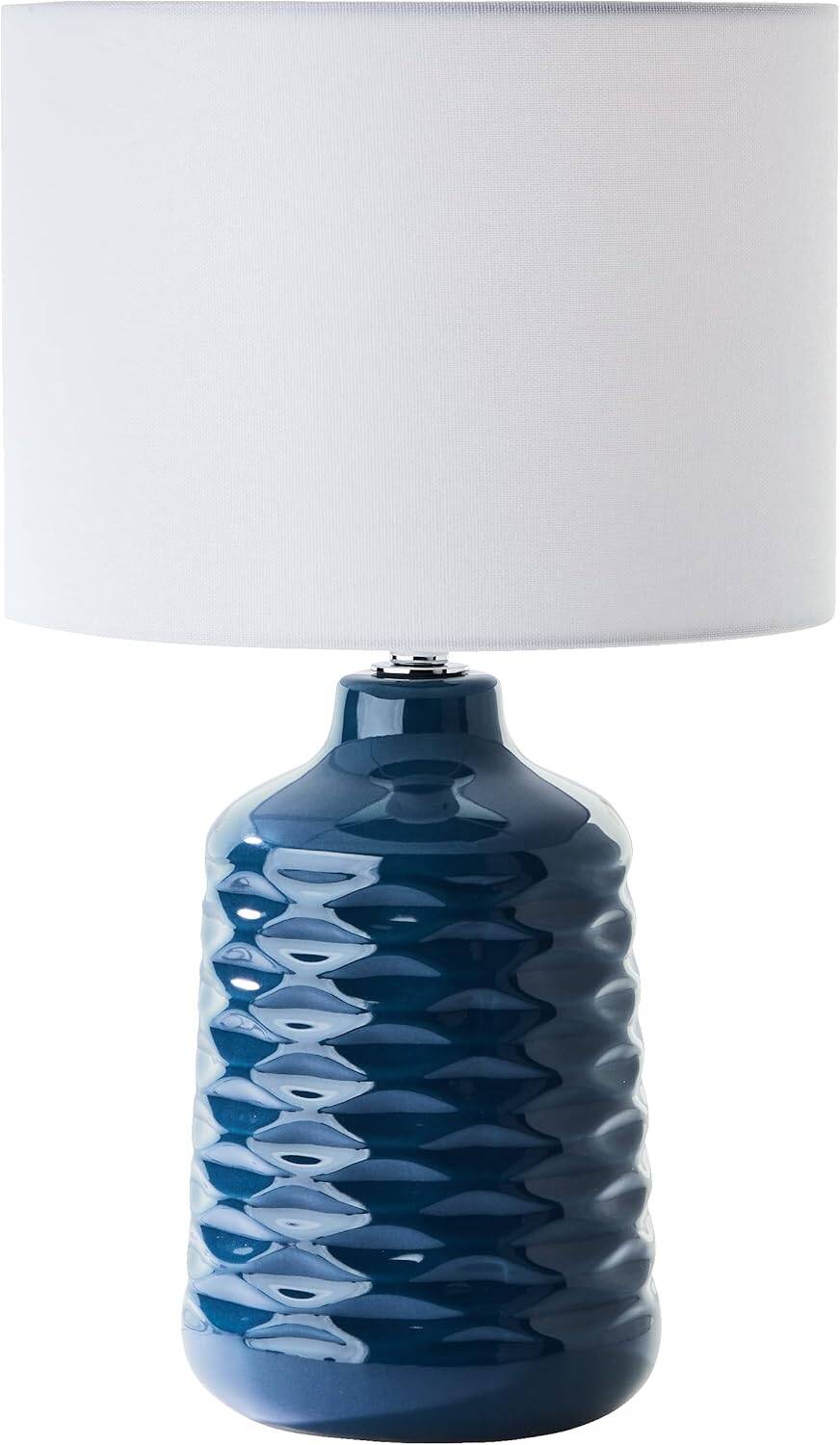 blue ceramic table lamp with white fabric shade