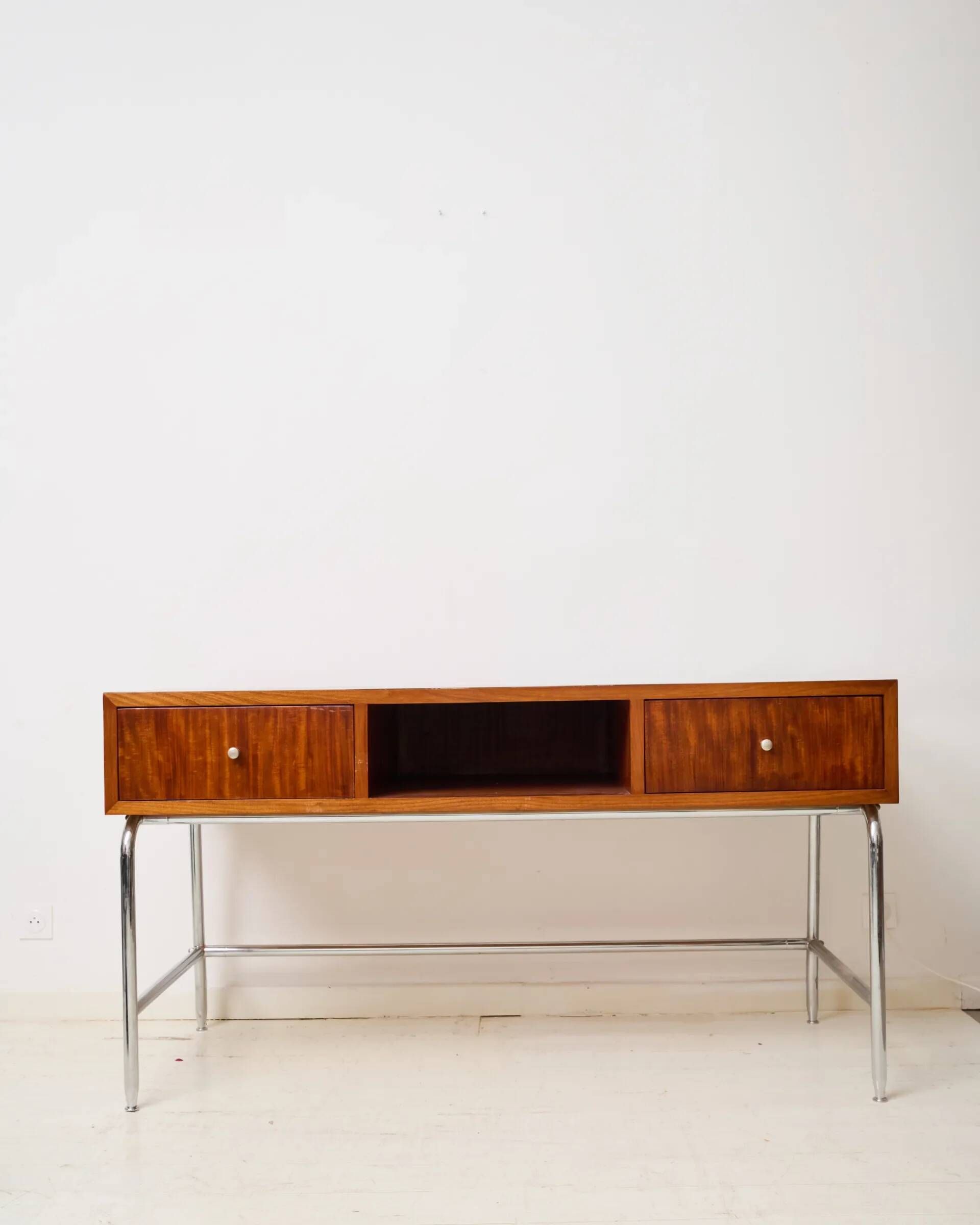 Mahogany and chrome metal desk, Italian manufacture, Italy, 1960s