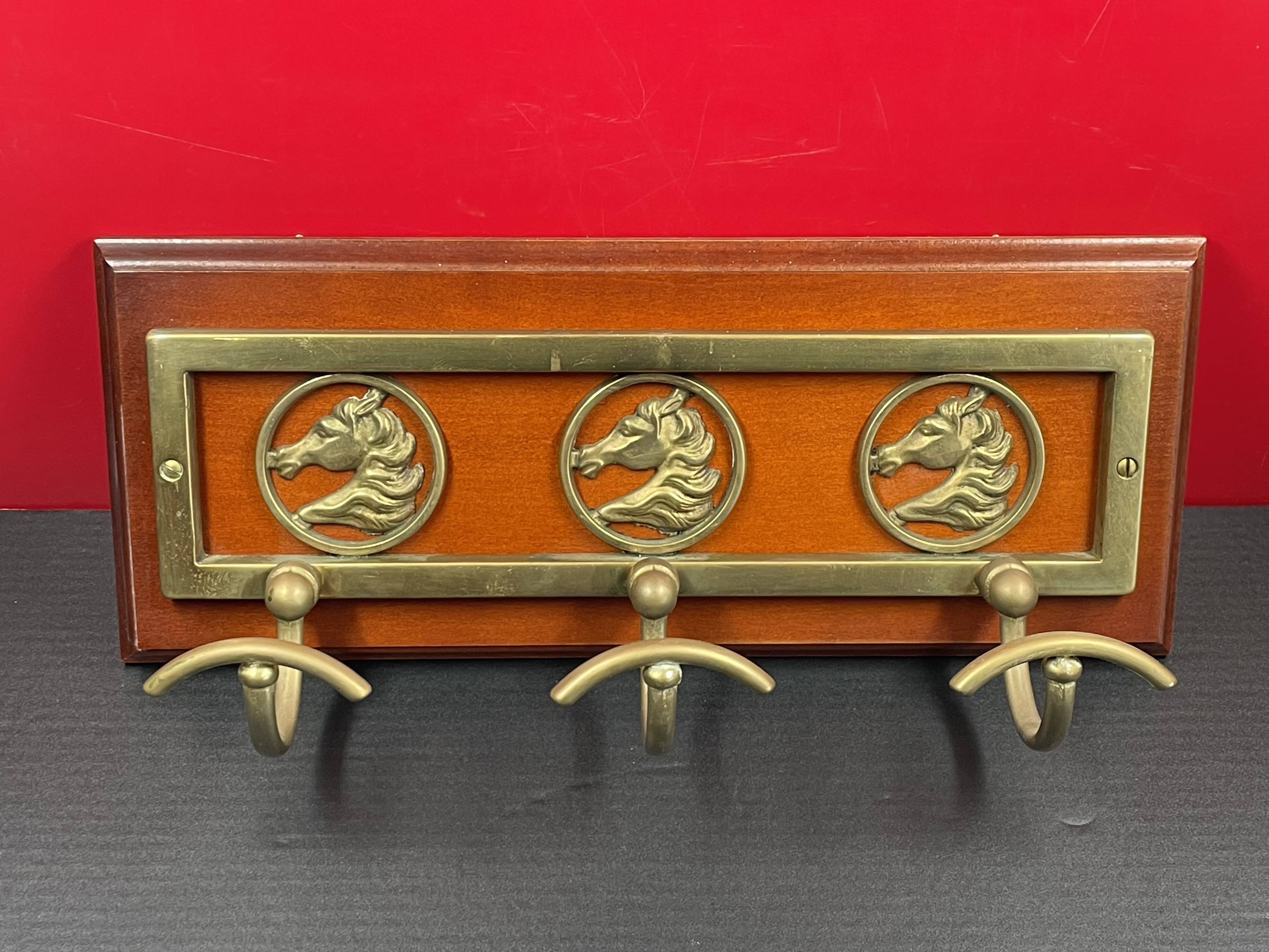 Wood and brass coat rack - 3 hooks. 39cm