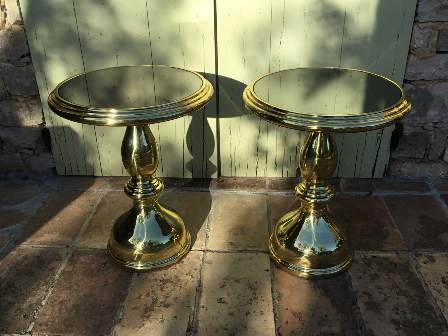 Pair of coffee tables gilded metal smoked glass top