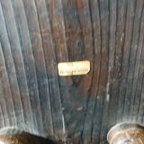 Carved wood and faux leather bench or vintage spanish ottoman footstool