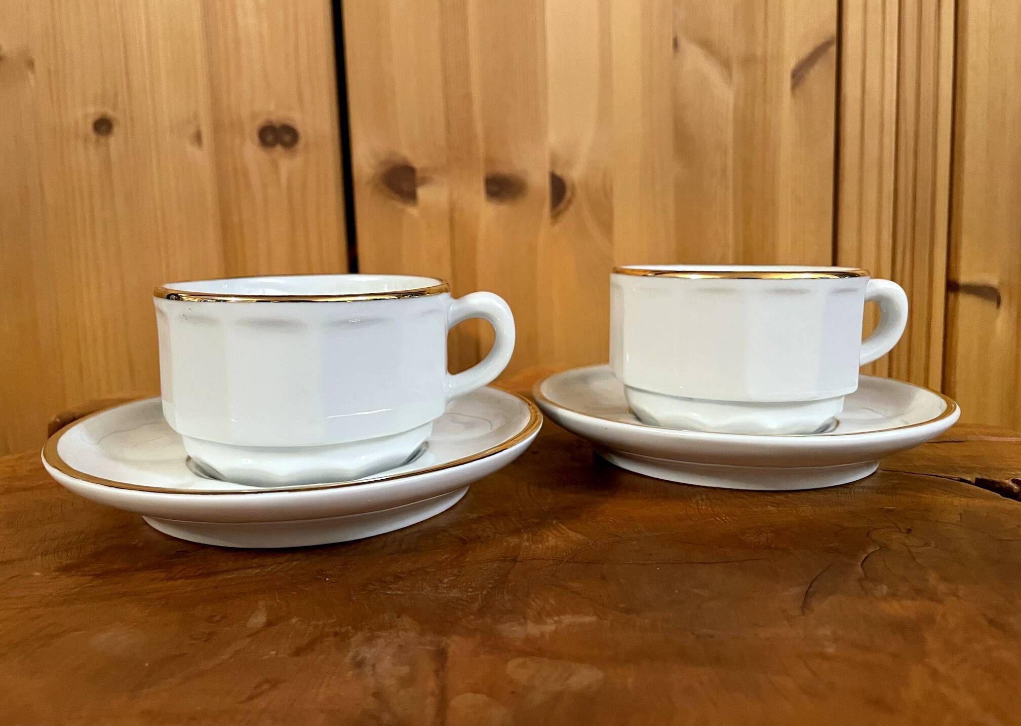 Set of 2 Apilco Flat French Porcelain Coffee Cups with Saucers, Model Flora