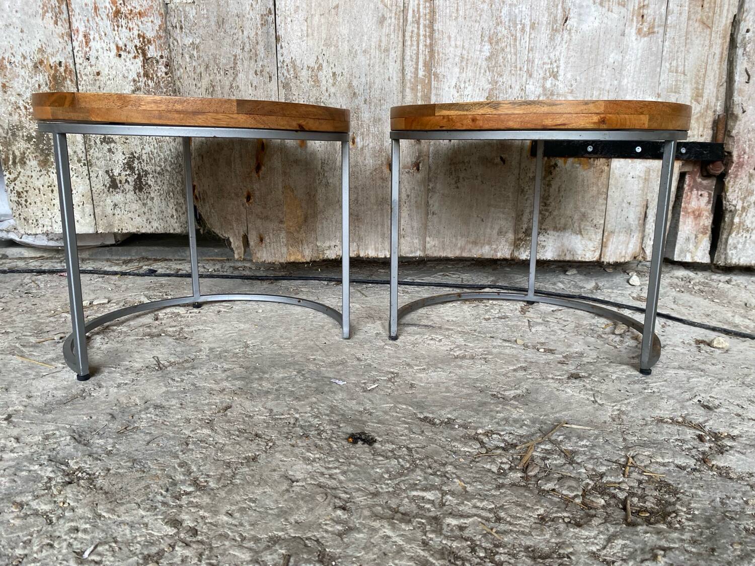 Nightstand Round Design Metal Grey + Wooden Top #D