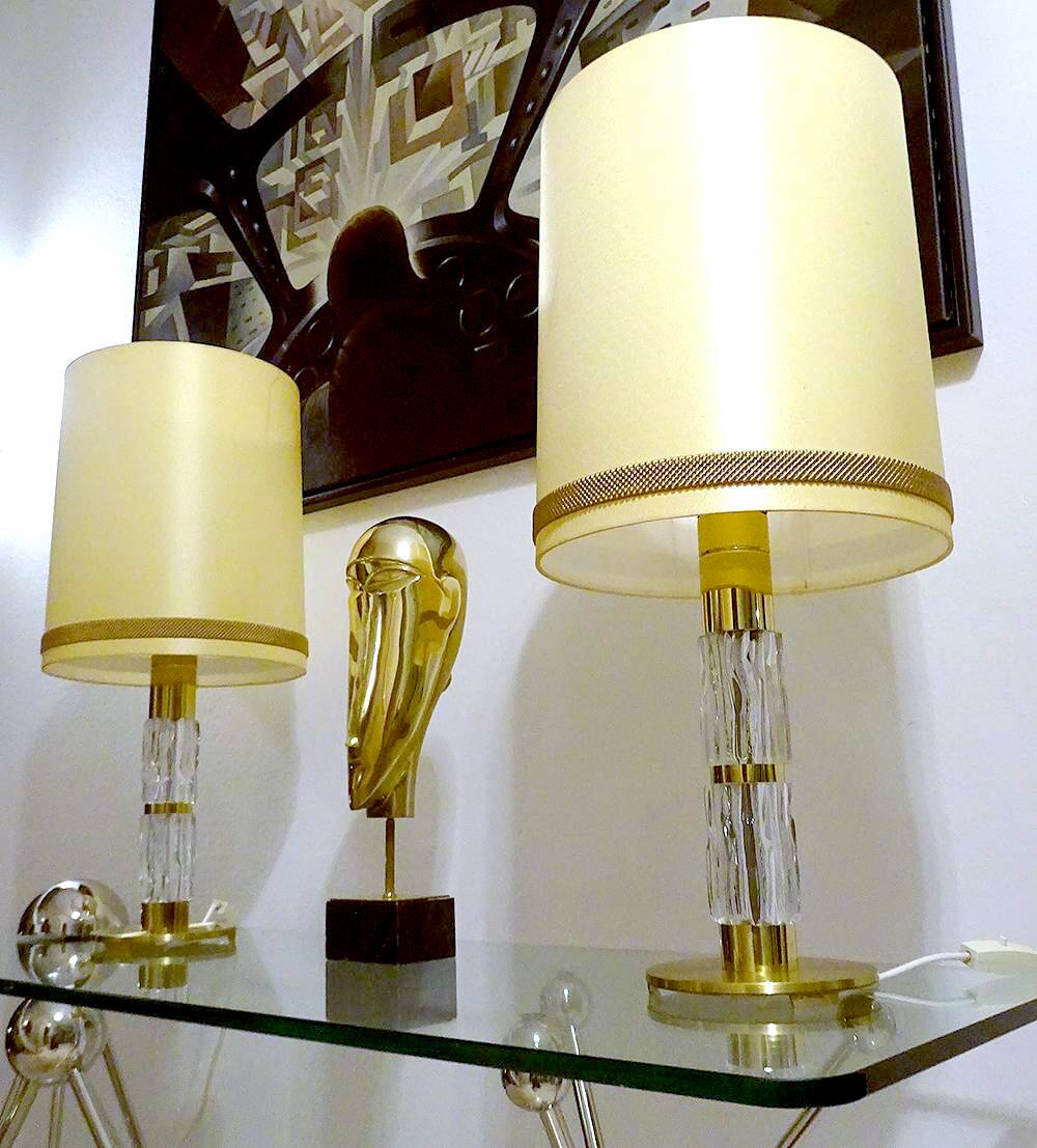 Pair Large Vintage Lamps, Glass & Brass