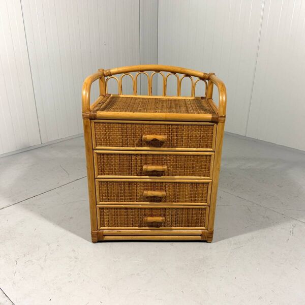 Commode en rotin, table de chevet, années 1980