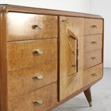 Italian Art Deco Sideboard In Walnut Burl And Brass.