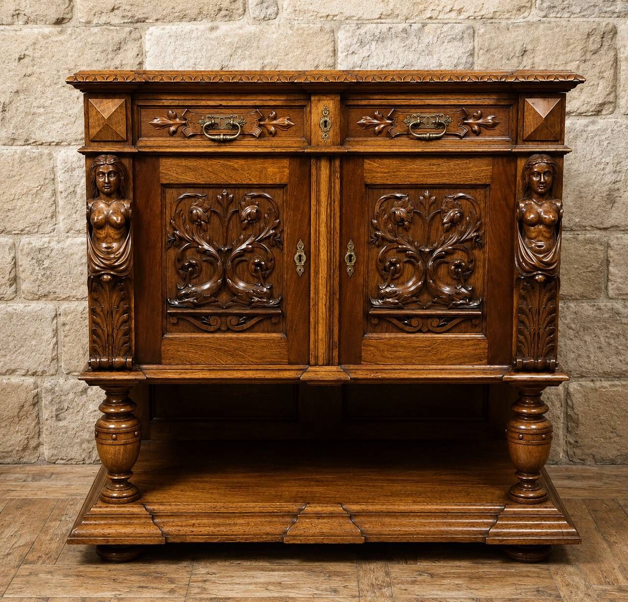 Meuble d’apparat richement sculpté – Plateau ouvrant sur marbre blanc