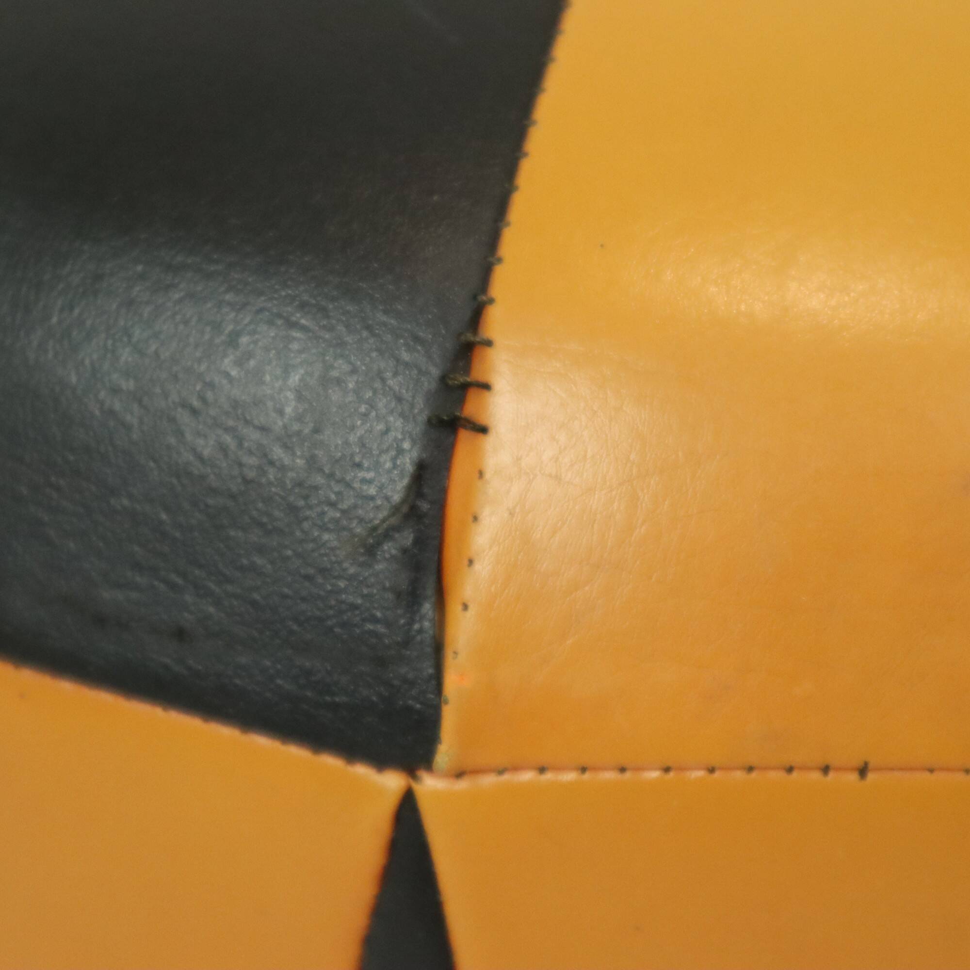 Round Vintage Pouf Orange Black Leatherette 1960s