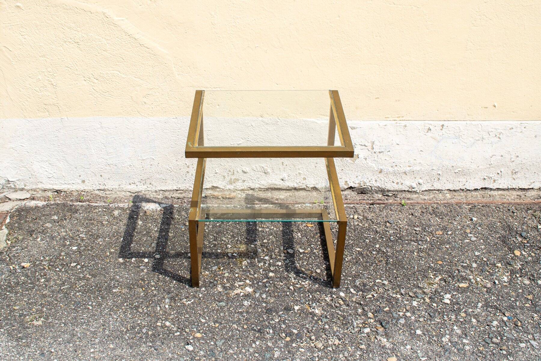 Brass coffee table with double glass shelf, 1970s