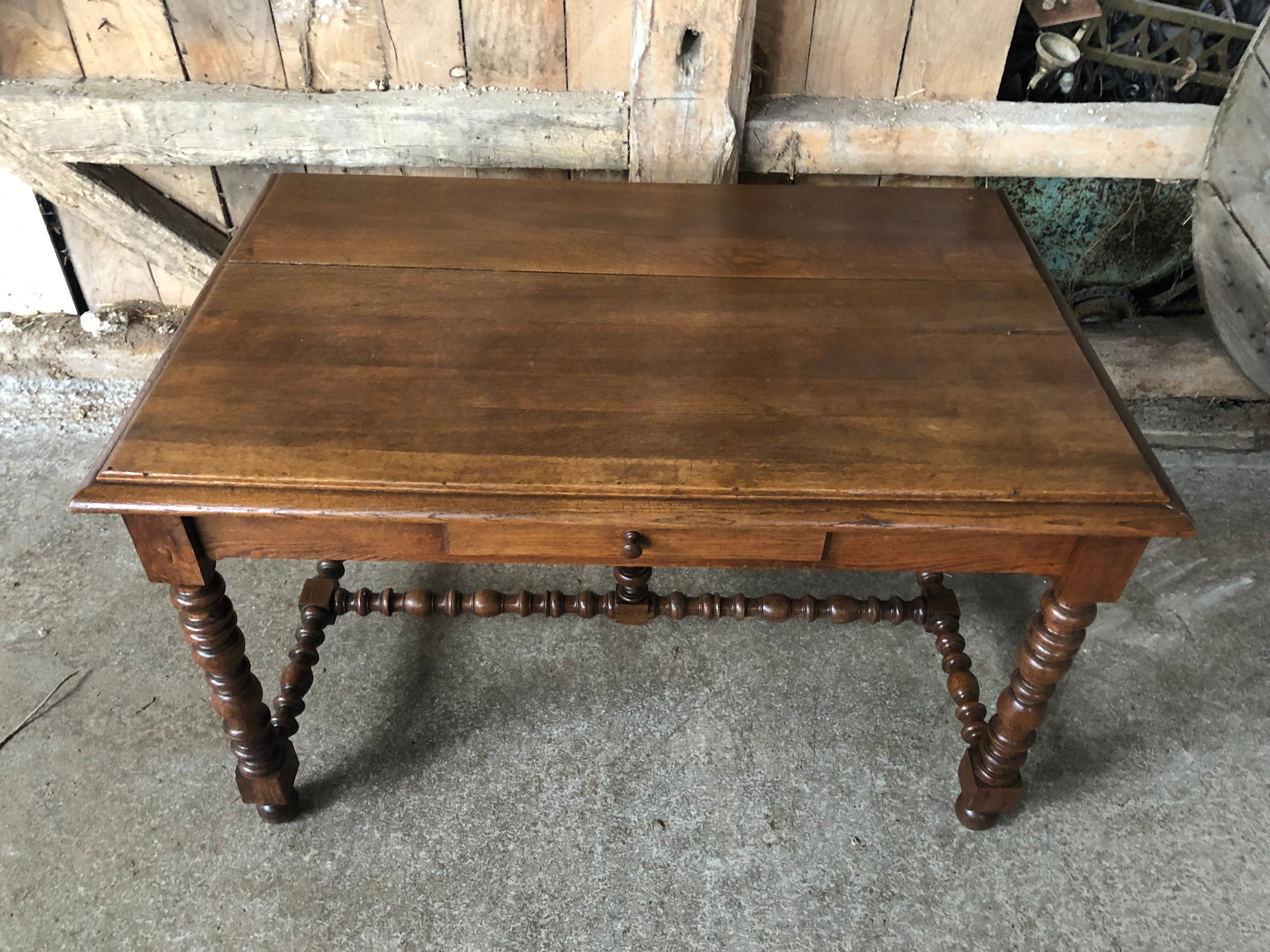 Old desk style henri ii table + drawer wood turned vintage