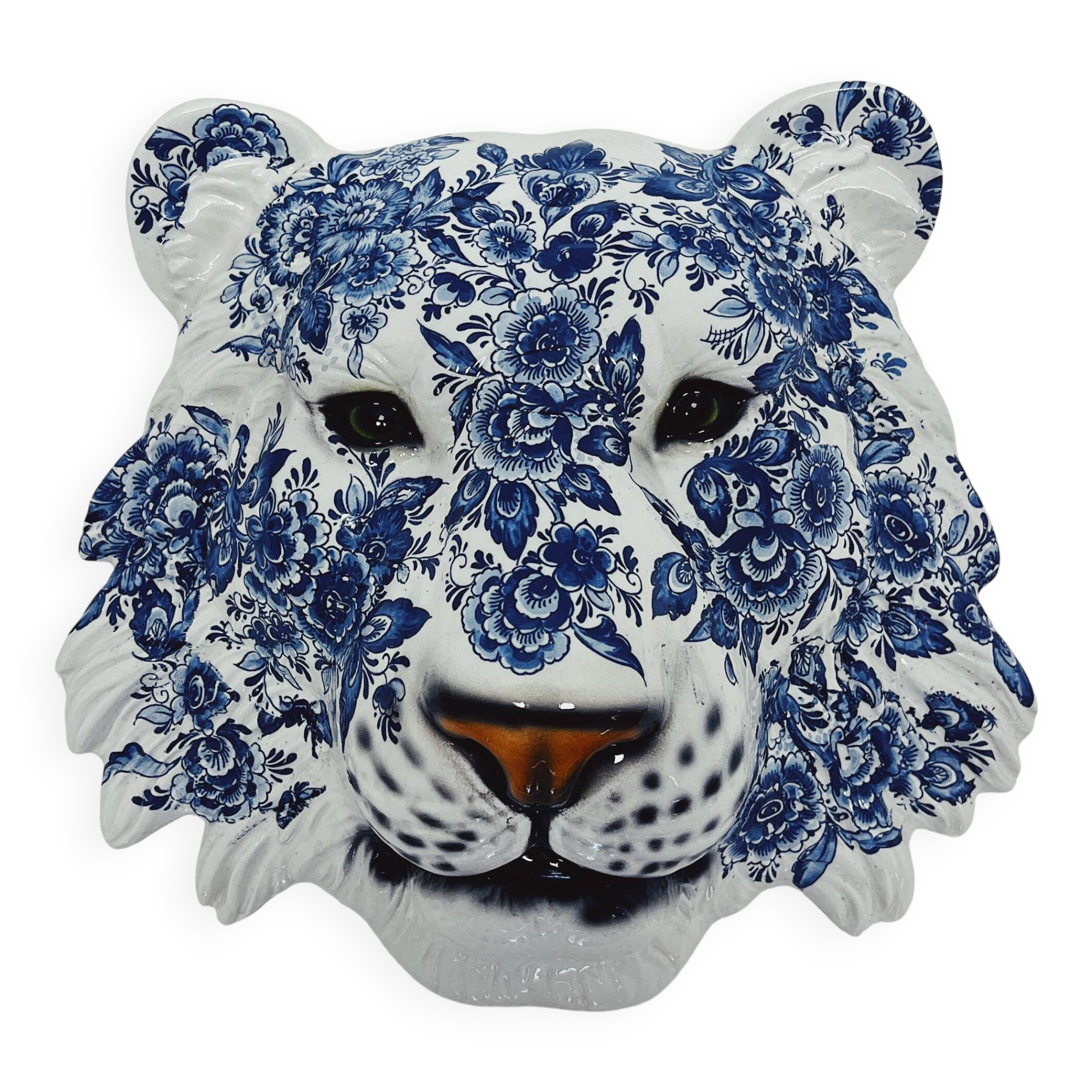 Masque de tigre en céramique bleu de Delft
