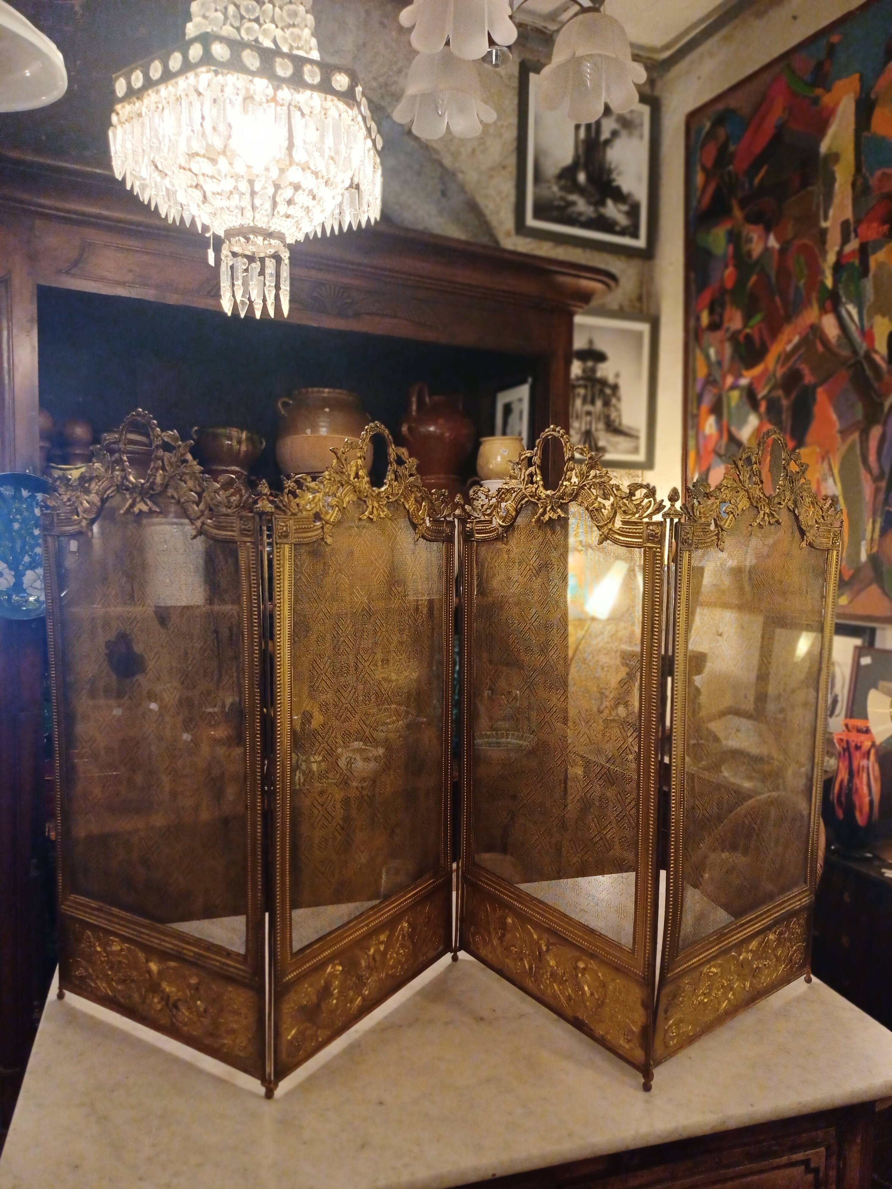 Very Beautiful Fireplace Screen 154 cm/77 cm in Bronze and Brass - Period 1880