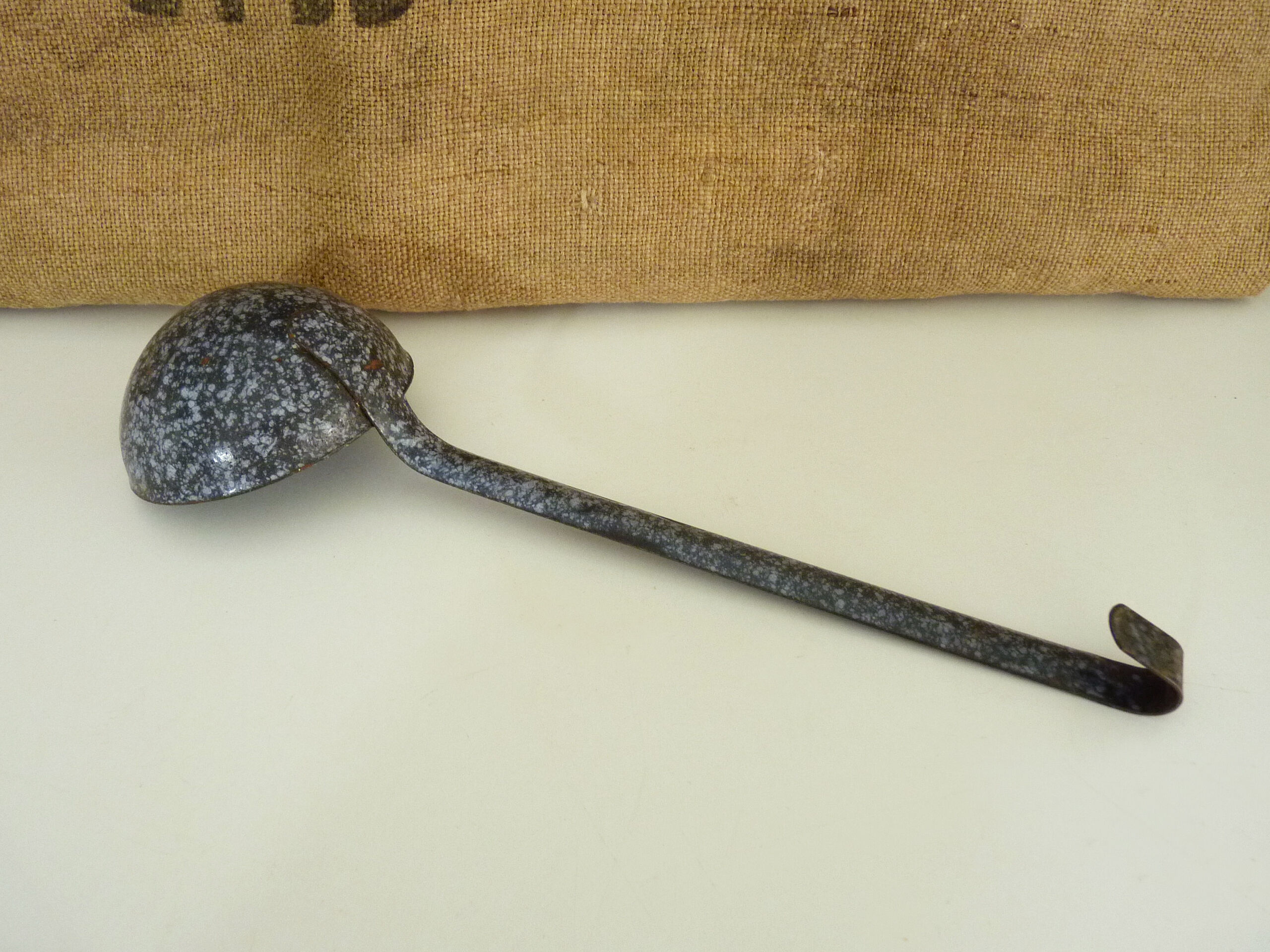 Grey and black enamelled louche. Vintage enamel kitchen utensils 1950