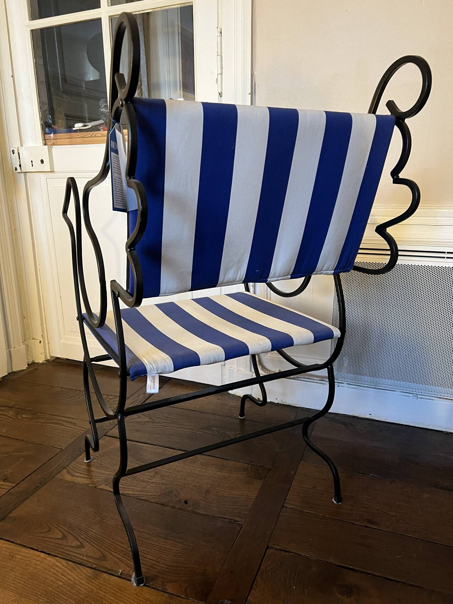 Monoprix armchair x Vincent Darré – black metal & blue/white stripes