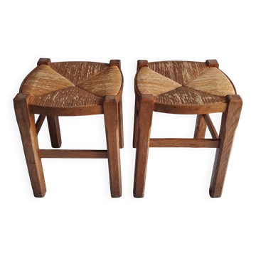 Paire de tabourets paille vintage