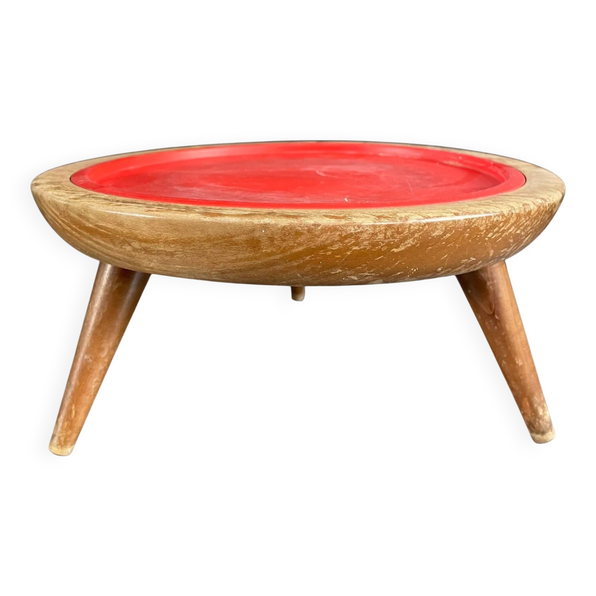 Wooden and red plastic compasses plant stand.
