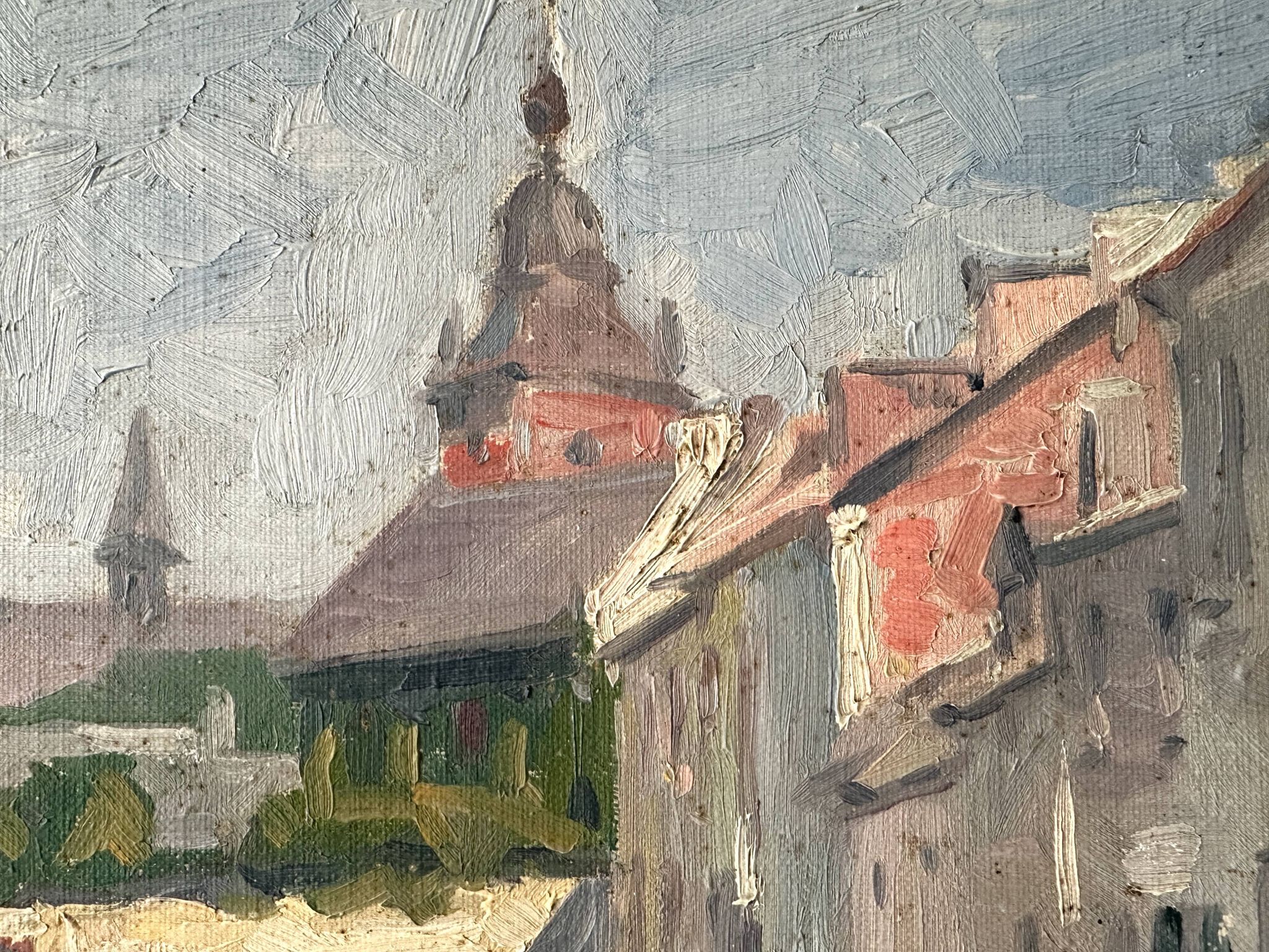Oil on canvas of a French village "Bavay" 1928, landscape signed and framed.