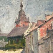 Oil on canvas of a French village "Bavay" 1928, landscape signed and framed.