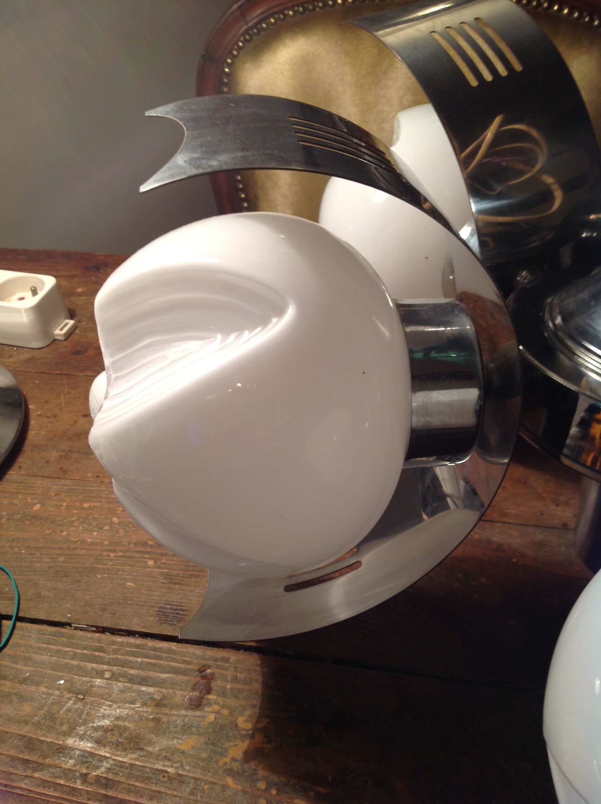 Vintage chandelier in opaline and stainless steel, 70s.