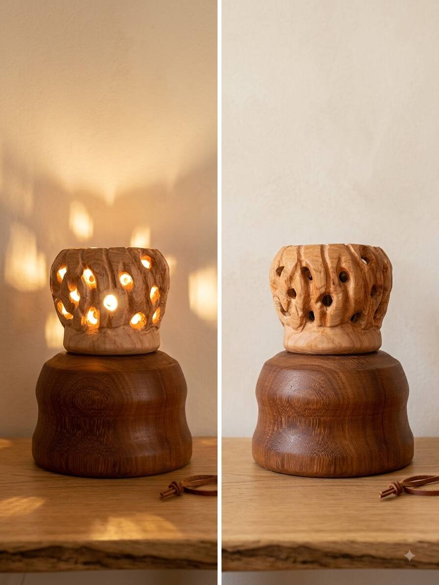Handcrafted table lamp in carved wood / Wabi-Sabi & Organic style