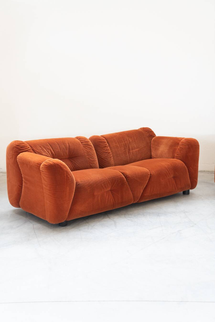 Orange chenille sofas, two and three seats, set of 2, 1970s