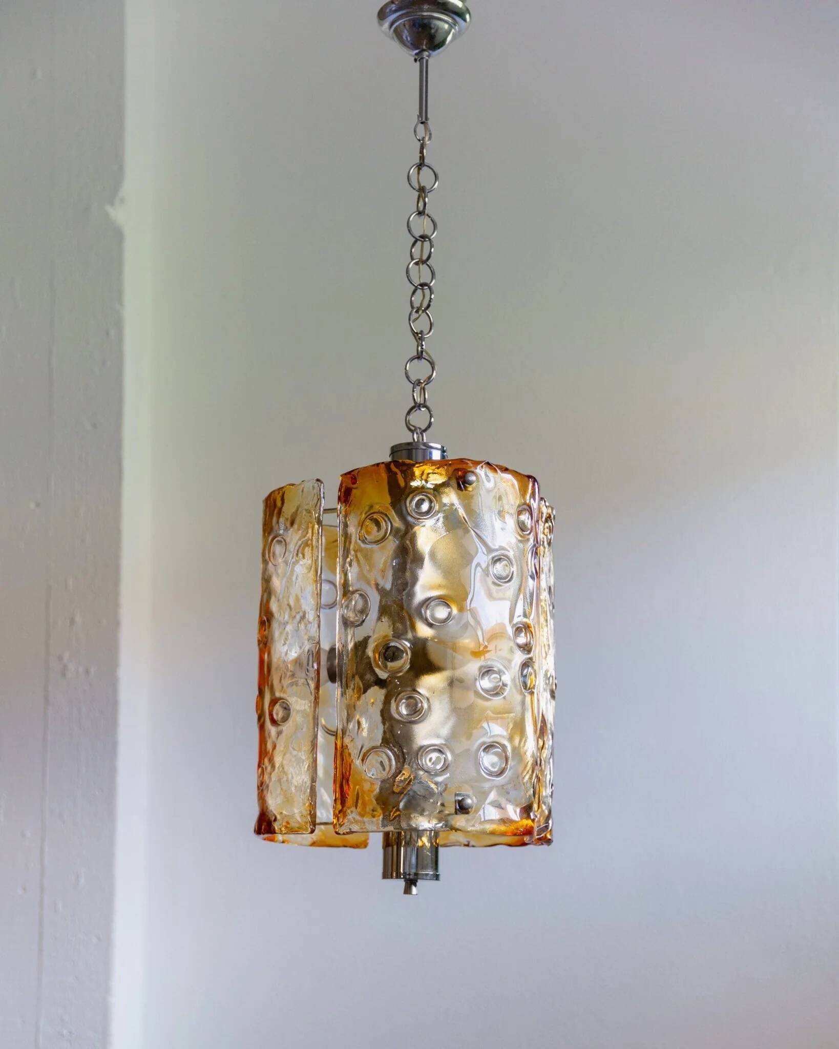 Large Vintage Murano Glass Ceiling Lamp by Toni Zuccheri for Mazzega, Clear & Amber Glass with Chrome, Italy 1970s