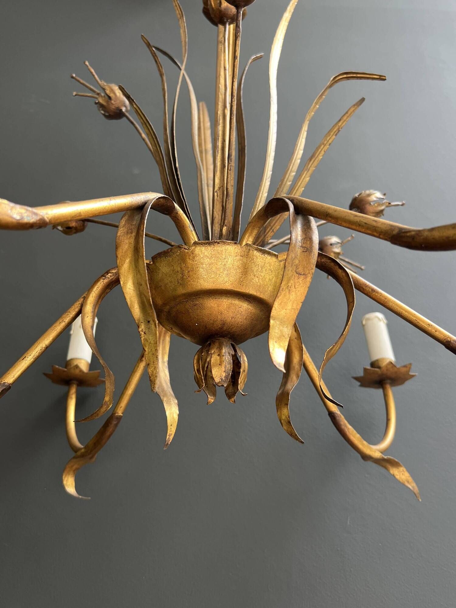 Golden Metal Chandelier with Reed Bouquet Decoration. Coco Chanel Style. Work