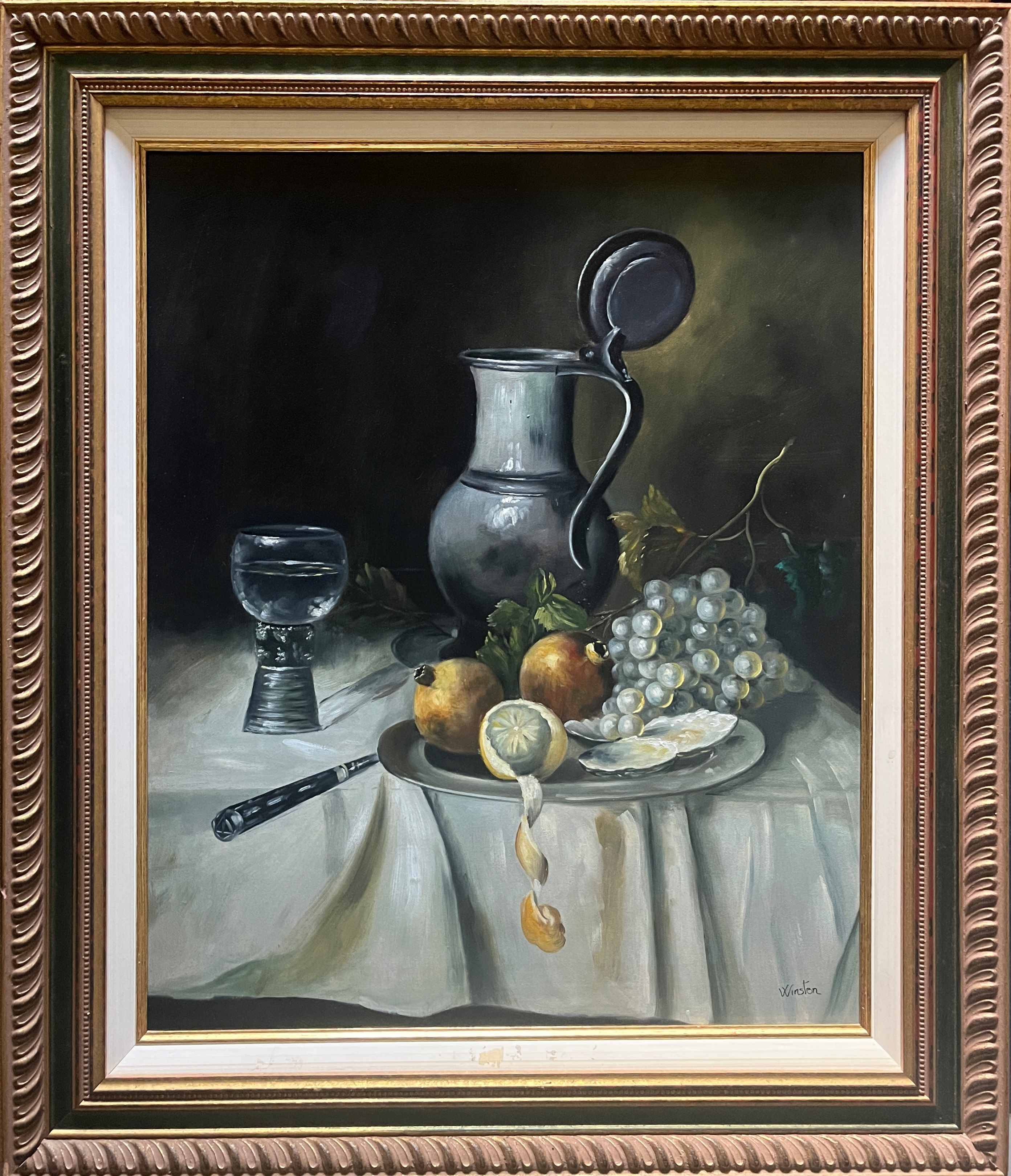 HST painting "Composition with fruits and oysters" signed Winston + frame