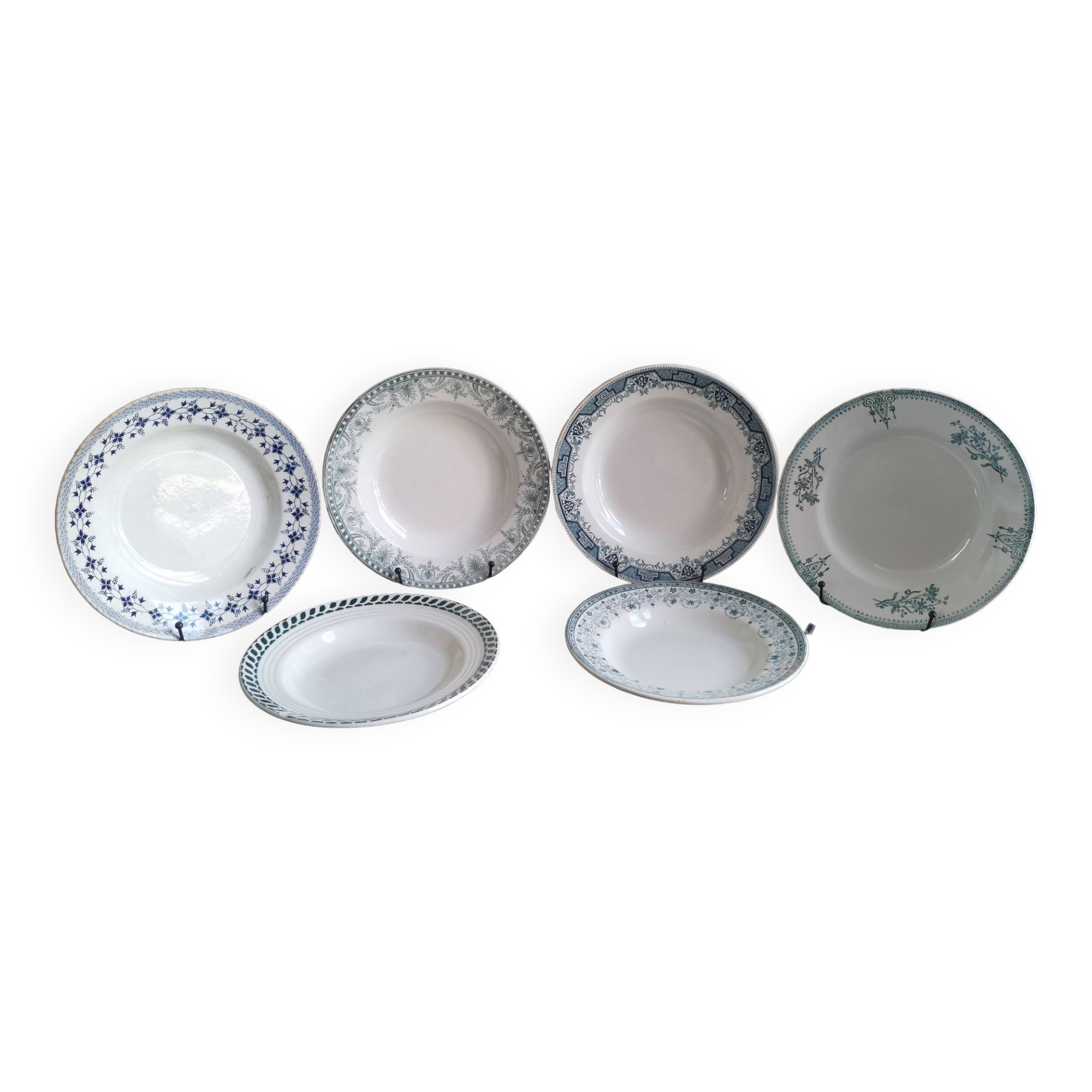 6 old mismatched deep plates Terre de Fer, glass and blue colors