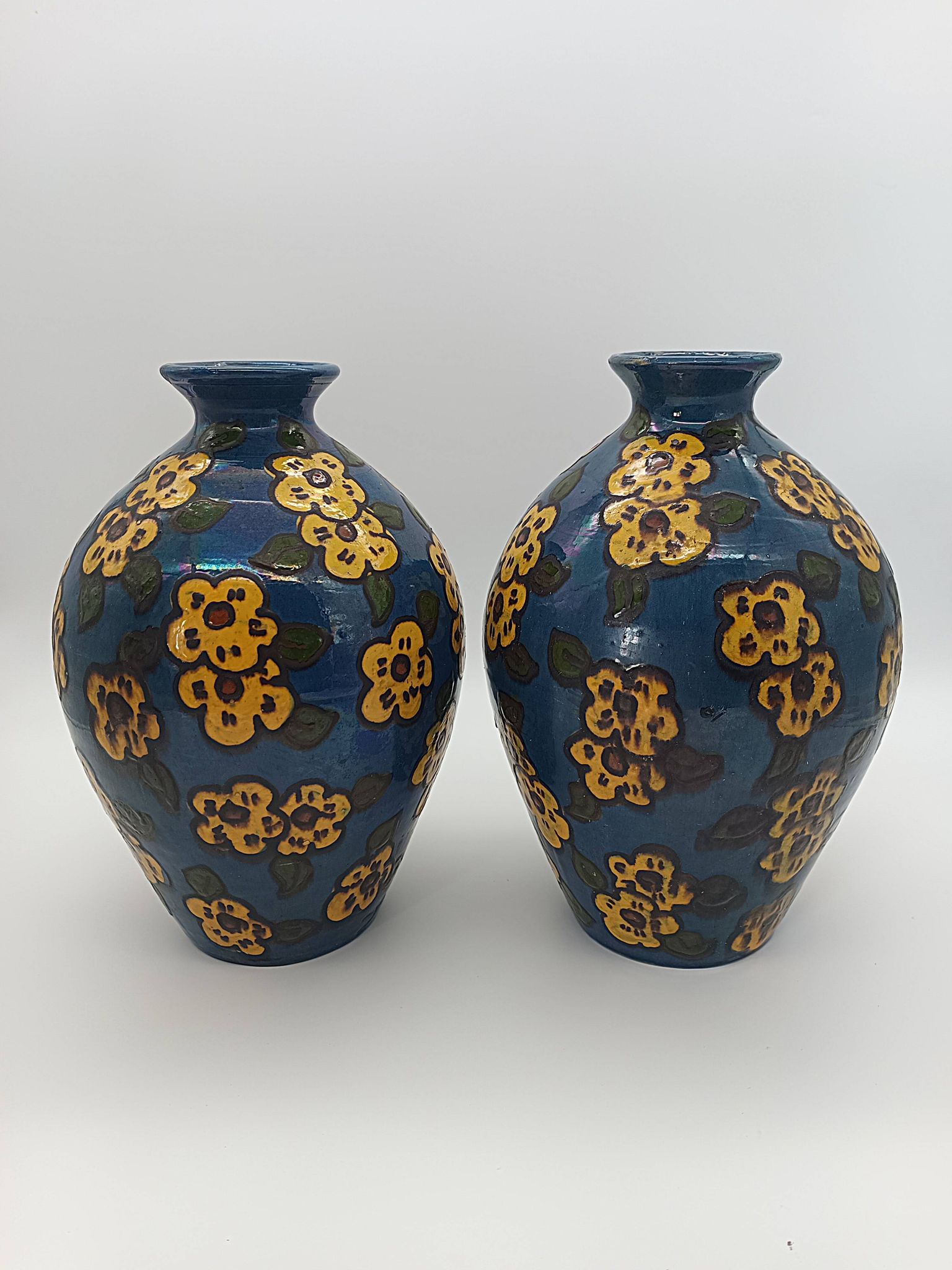 Pair of Large Art Deco Vases Émile Simonod H28cm Glazed Ceramic Blue