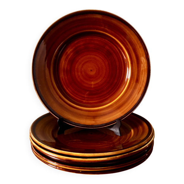 Vintage lot de 6 assiettes plates marron miel luneville