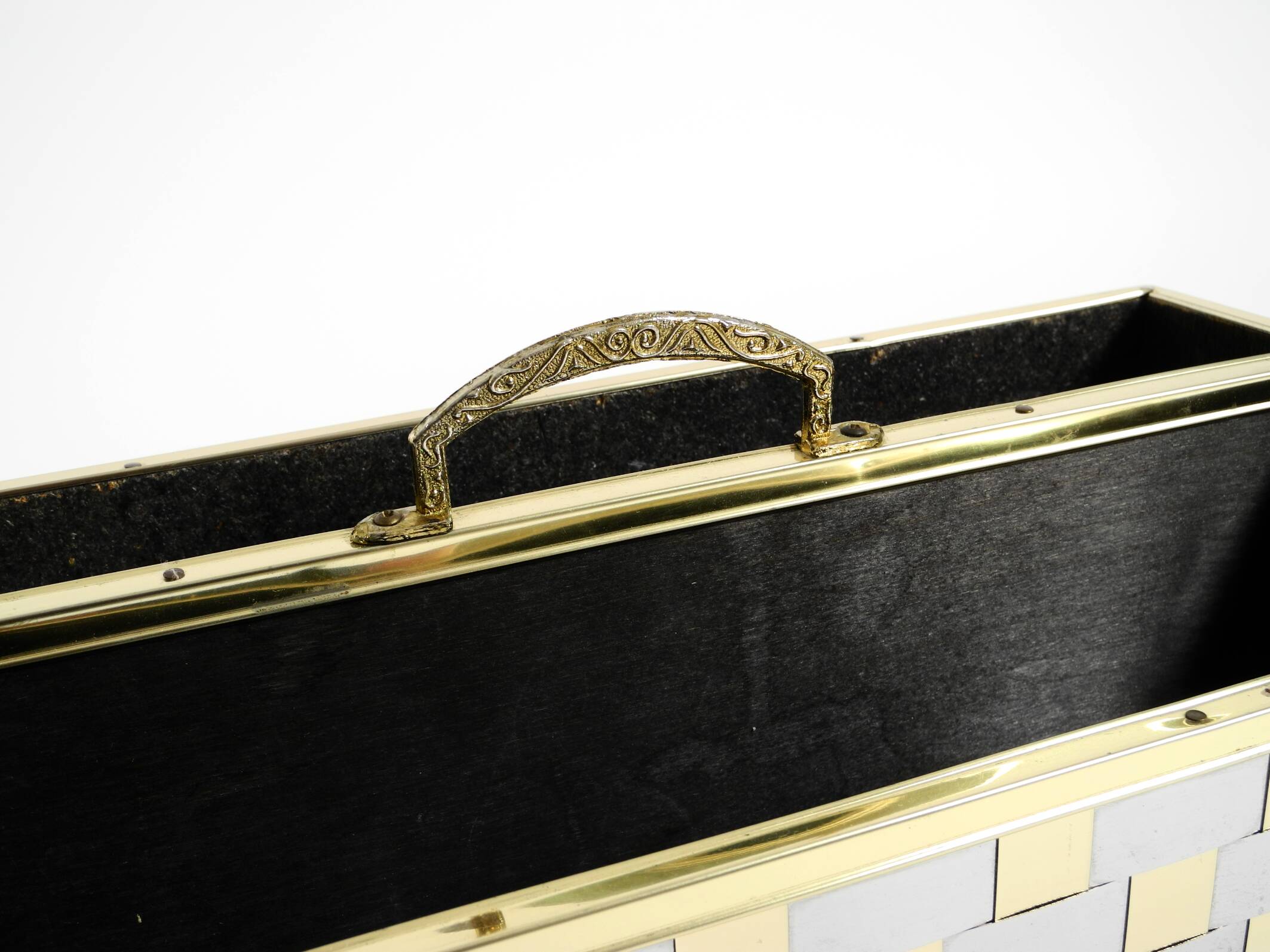 1980s newspaper rack made of brass and wood in Hollywood Regecy design