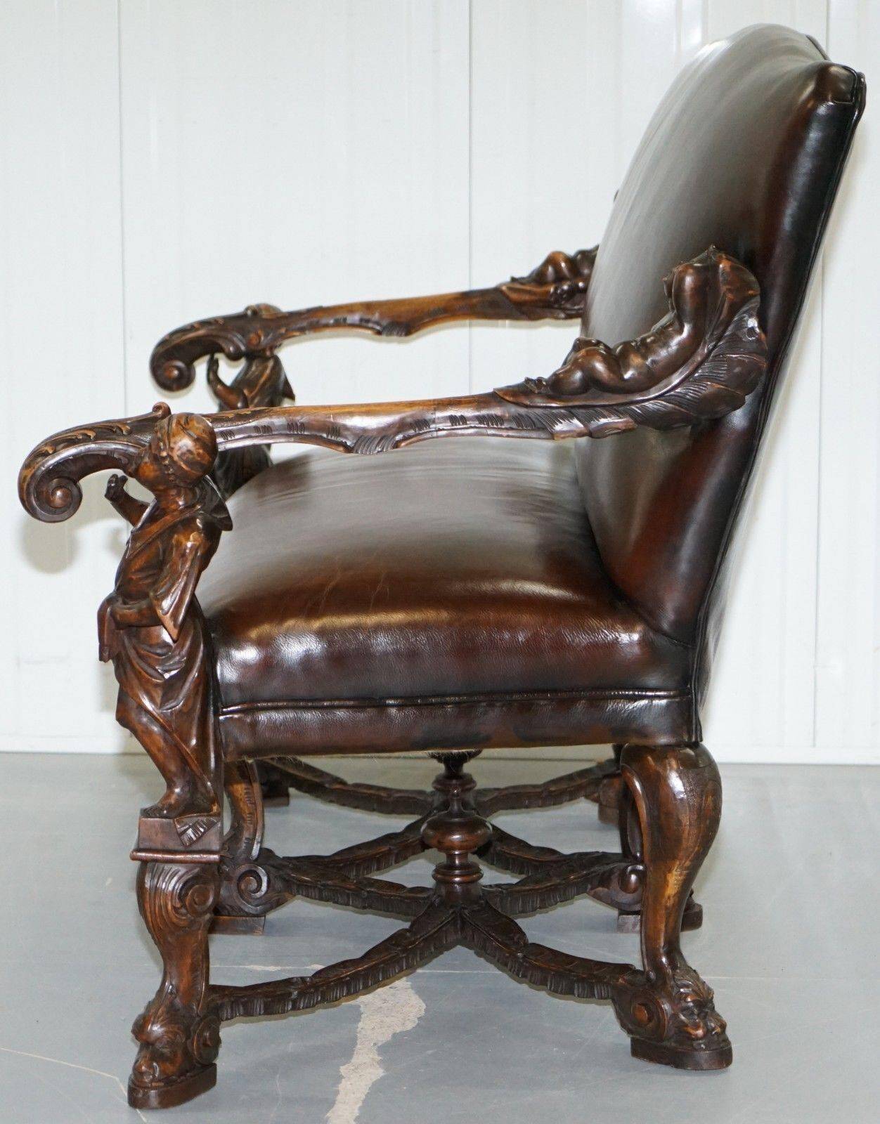 Carved Walnut Baroque Venetian Bench with Leather