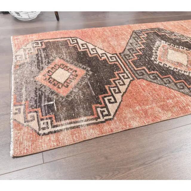 1960s orange geometric Turkish hand-knotted runner rug 81x337