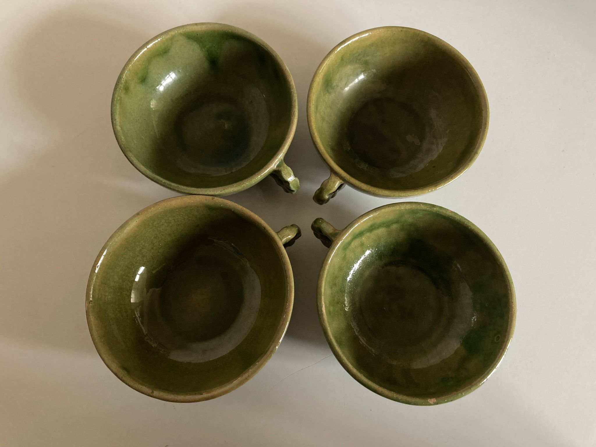 4 green glazed earthenware bowls with handles from Biot, 1960