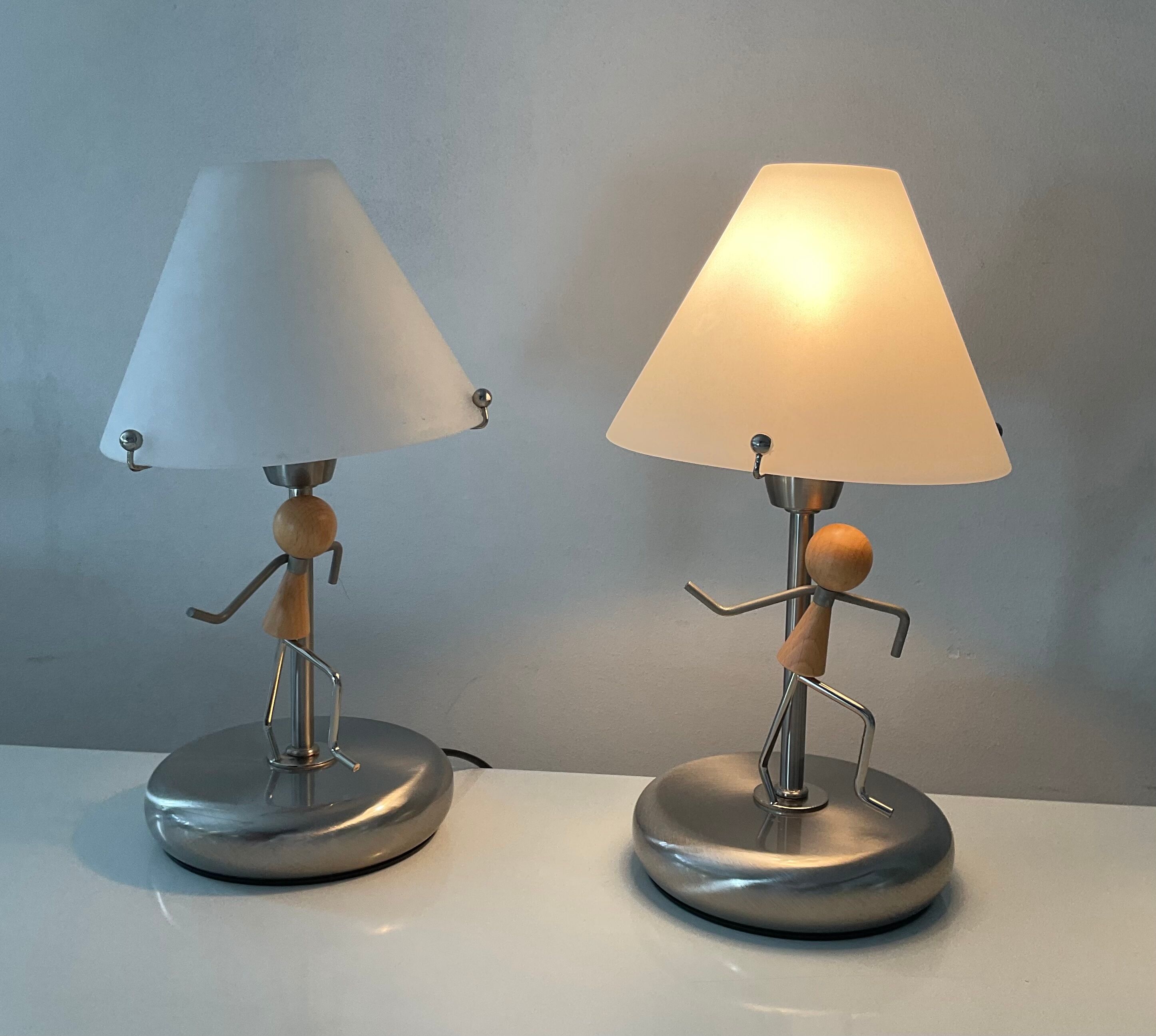 Pair of vintage lamps in wood and chrome metal