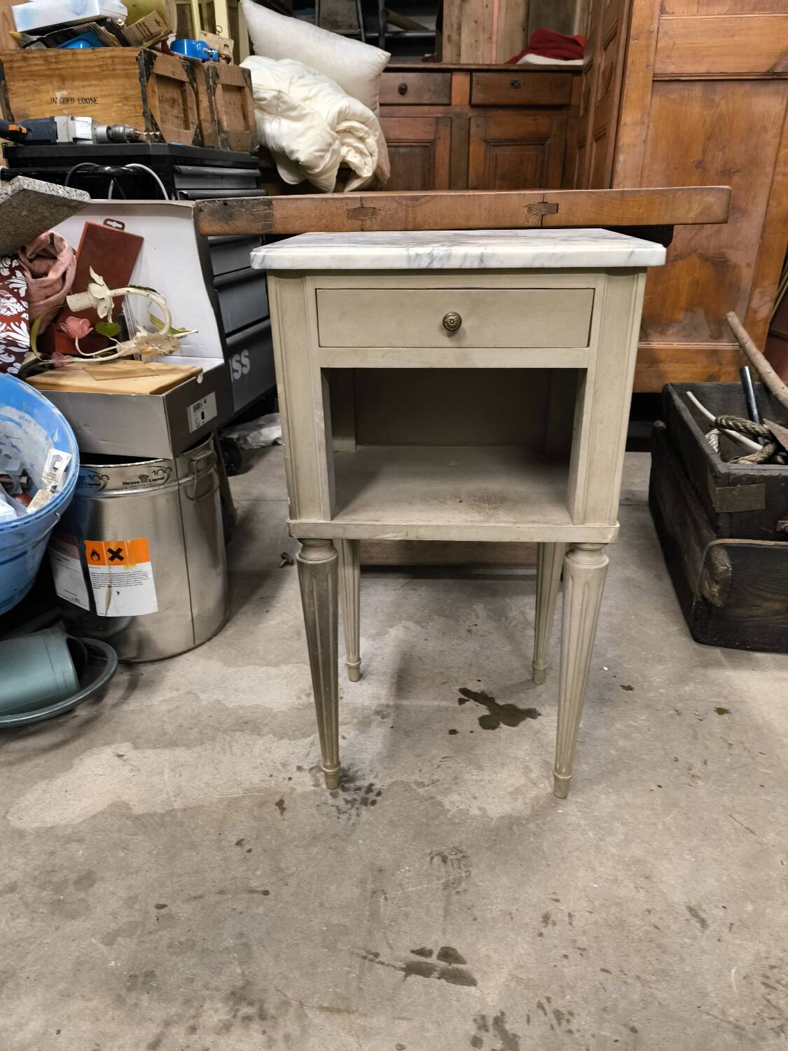 Vintage green patinated bedside table with marble and drawer