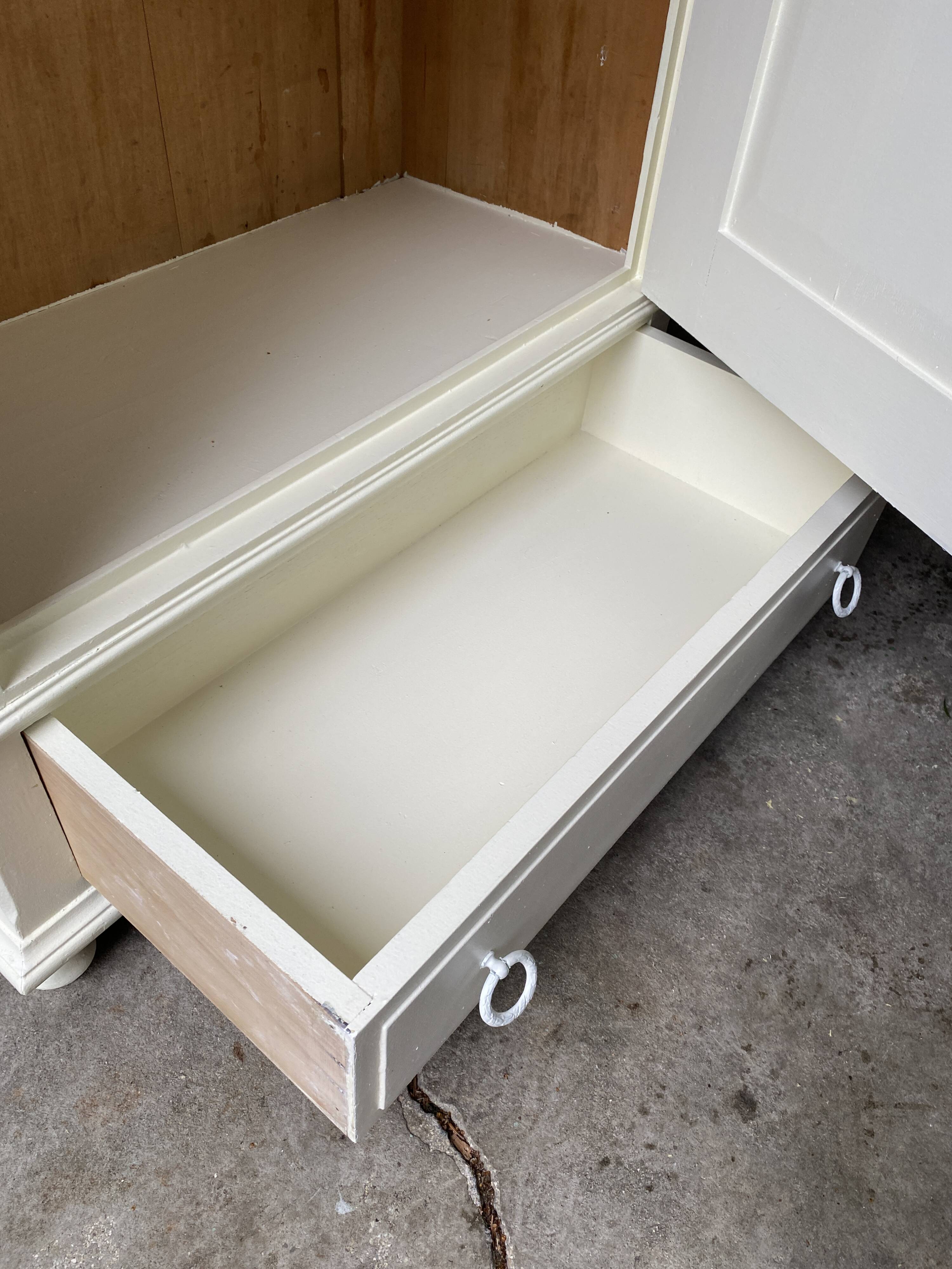 Vintage Parisian wardrobe, pale yellow lacquer, one door, three shelves, one drawer