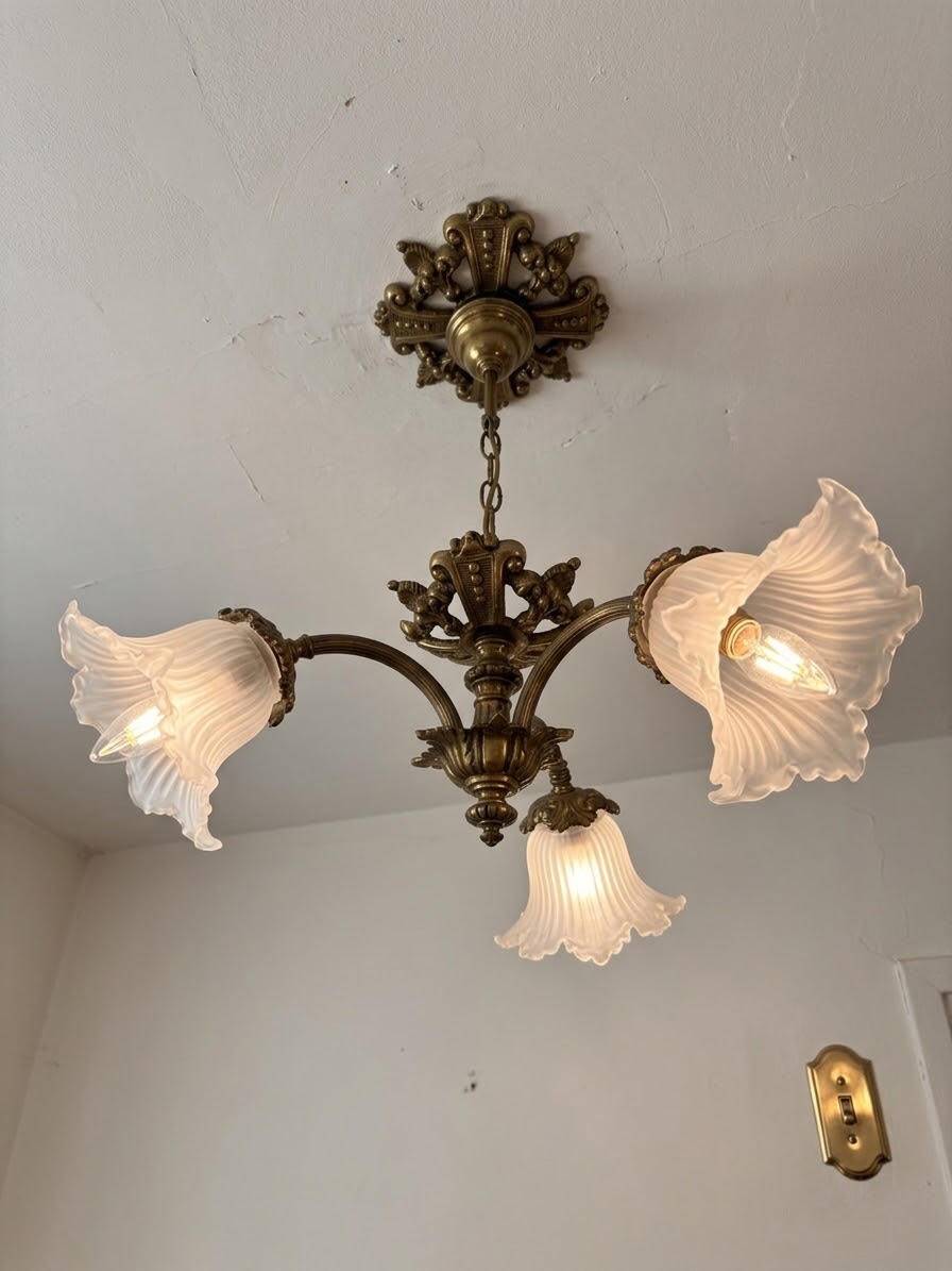 Antique Bronze Ceiling Chandelier with Fringed Glass Tulips, 3 Arms, Art Nouveau
