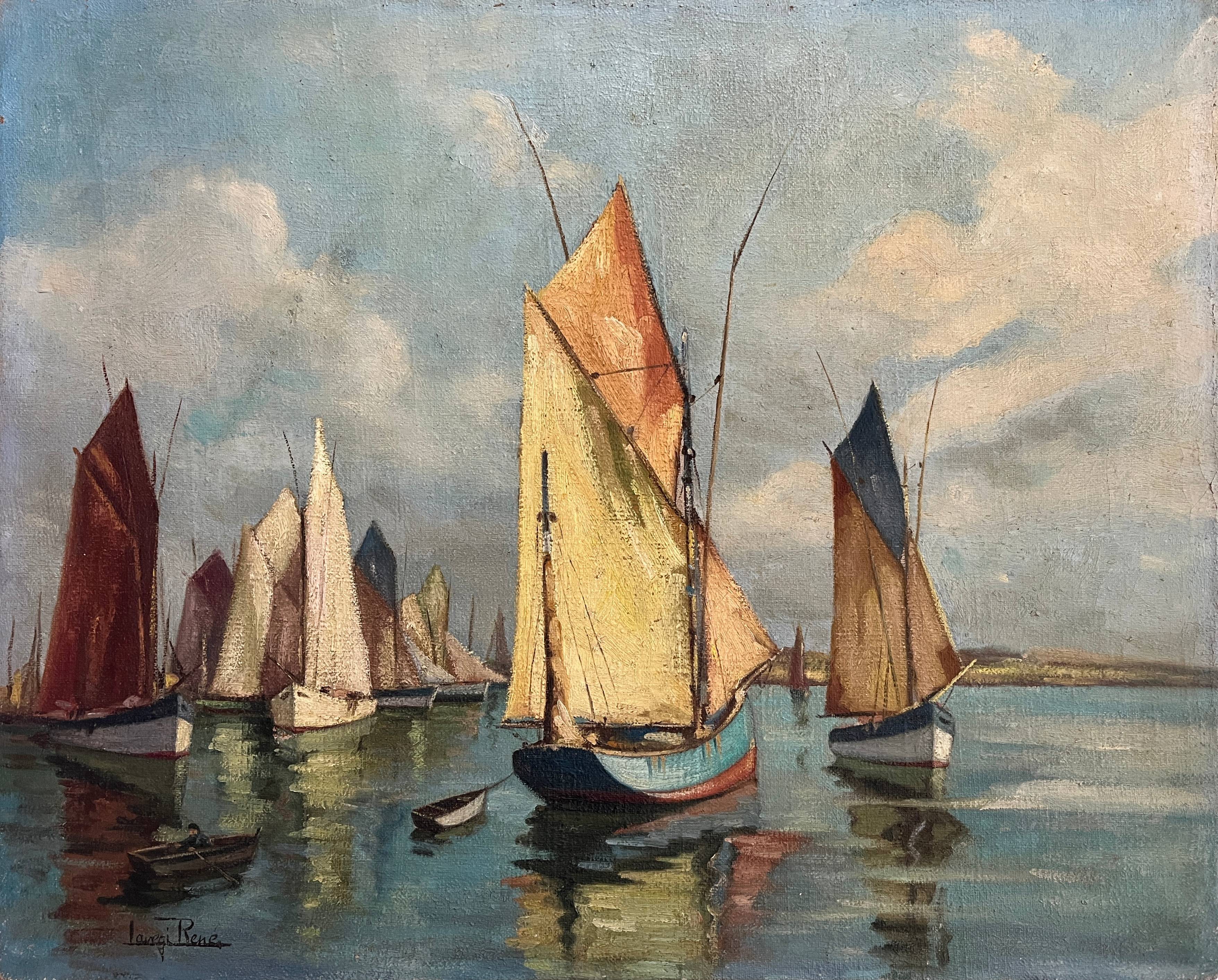 HST Marine painting "Sailboats in port" early 20th century signed