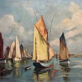 HST Marine painting "Sailboats in port" early 20th century signed