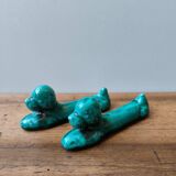 Set of two vintage zoomorphic dog-shaped knife rests in green Vallauris A.